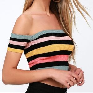 Lulu’s Striped Ribbed Off the Shoulder Crop Top